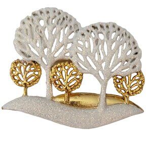 AJC Gold Tone, White Sparkle Snow Trees Winter Scene Brooch, Signed
